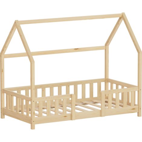 ML-Design Letto a Casetta per Bambini 80x160 cm, Naturale, con Protezione Anticaduta, Tetto e Rete a Doghe, Struttura Montessori in Legno Massello di Pino, Letto Singolo a Terra per Ragazzi