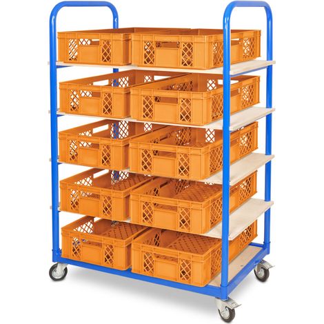 BRB Etagenwagen mit 5 Ebenen, BxTxH 1050x500x1450 mm bestückt mit 10 Euroboxen BxTxH 600x400x150 mm, durchbrochen (orange) (1/2)