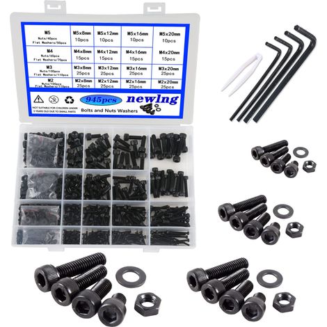 M2 M3 M4 M5 Boulon Tete Noir Jeu de Vis et écrous Avec Rondelles Noir 945 Pièces Acier au Carbone Jeux d'écrous et de Boulons à Six Pans Creux Hexagonale Assortiment Kit (1/5)