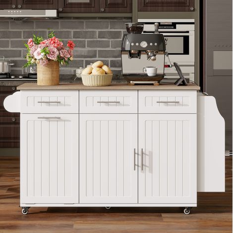 Isla de cocina 120/40(70)/90 cm blanca con superficie extraíble y estación de carga (1/5)