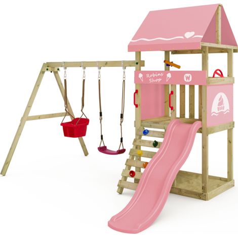Wickey DinkyHouse wooden play tower with slide and double swing in light pink
