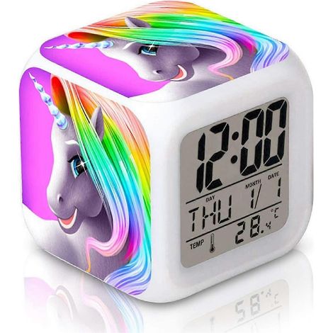 Réveil licorne pour enfants, réveil numérique LED pour chambre, facile à régler, forme cubique, motif licorne sur quatre faces, veilleuse douce, grand écran (1/5)