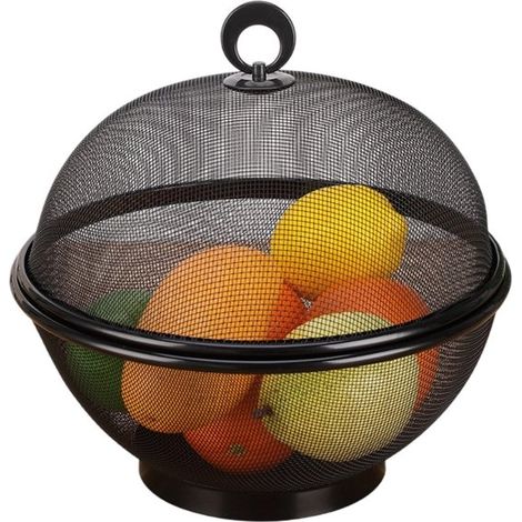 1 corbeille à fruits avec couvercle, en métal alimentaire, avec crochet, rangement moderne pour fruits, noir, idéale cuisine et terrasse (1/5)