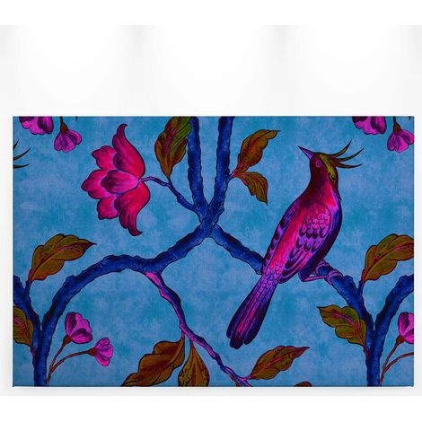 Tableau oiseau & fleurs turquoise & rose | Tableau été nature idéal couloir | Tableau sur toile animaux pour cuisine & chambre 0,9 x 0,6 m (1/5)