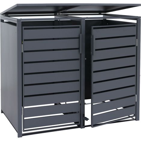[NEUWERTIG] 2er-Mülltonnenverkleidung HHG-579, Mülltonnenbox Mülltonnenhaus, Deckel Fußpedal Metall 116x132x89cm 53kg anthrazit (1/5)