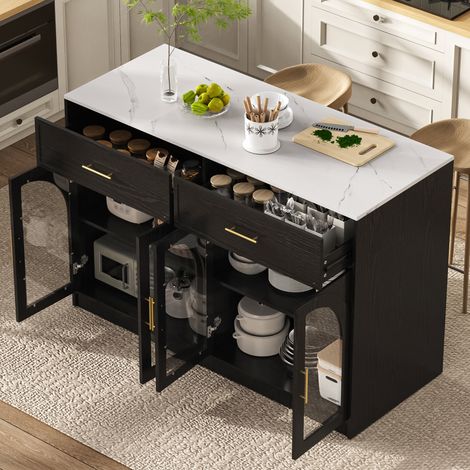 Isla de cocina con iluminación LED y amplia encimera, mueble de cocina independiente con cajones, estantes ajustables y puertas arqueadas transparentes para comedor y cocina (negro). (1/5)