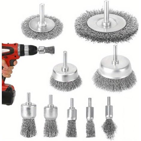 Lot de 9 - Brosse métallique - Accessoire perceuse - Enlèvement rouille et peinture - Travail du bois et polissage soudure - Acier - Tige 6 mm (1/5)