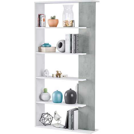Libreria Santa Cruz Design Scaffale Mensola Moderna Mobile Per Libri Con Ripiani Per Soggiorno Salotto 180 x 90 x 25 cm (Colore Bianco e Grigio Cemento) - Colore: Bianco e grigio cemento (1/5)