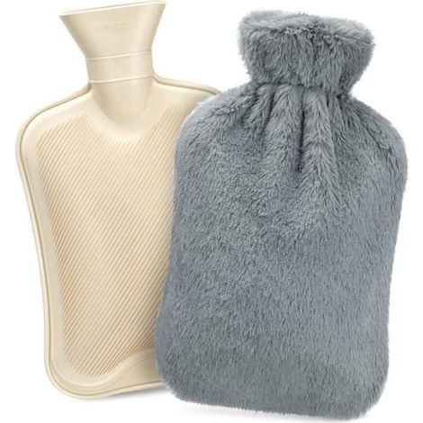 Bouillotte d\'eau Chaude 2L avec Housse en Peluche Souple , Bouillotte en Caoutchouc Naturel Anti-fuite Bouteille d\'eau Chaude Gris (1/4)