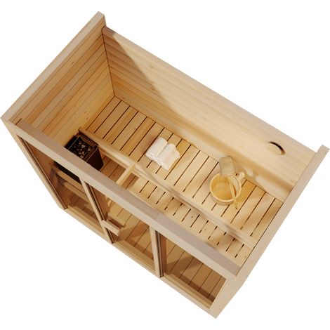 FinnTherm Innensauna Kuuma M Innensauna 2 Sitzbänke aus Holz, Saunakabine mit 42 mm Wandstärke, Dampfsauna mit Montagematerial