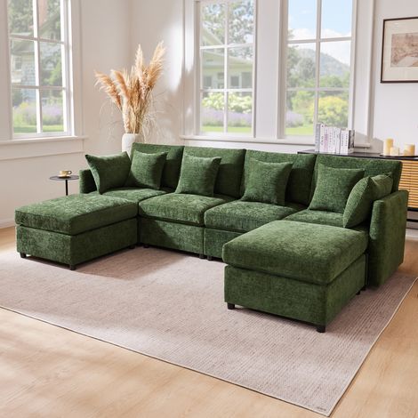 Canapé d’angle modular Chenille Grün 278x161x81 cm mit 2 Hockern und 6 Kissen