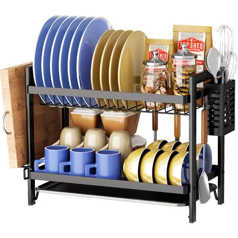 Égouttoir Vaisselle Cuisine 2 Niveaux Noir, Étagère Égouttoir avec Plateau et Porte-Couverts, Organisateur Complet (1/4)
