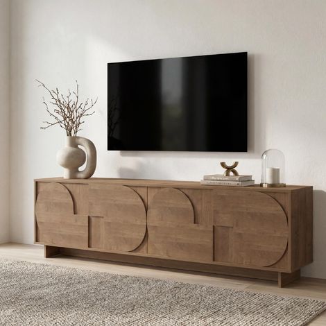 Meuble TV effet noyer – 4 portes motifs ronds – Structure en MDF – Rangement moderne pour salon contemporain (1/5)