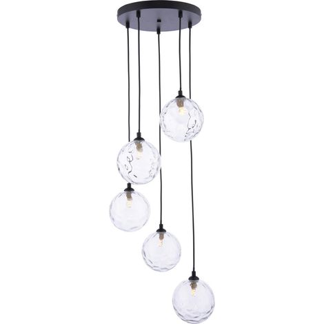 Dar Federico Suspension Federico à 5 lumières, noir mat et verre clair alvéolé (1/3)