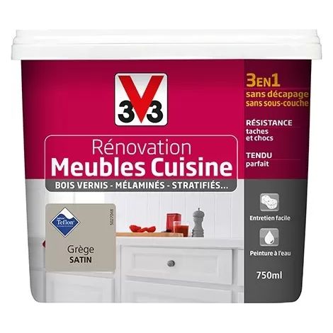 V33 – Peinture rénovation meubles cuisine satin grège 0,75 L – Résistante aux tâches et chocs – Application sans sous-couche (1/2)