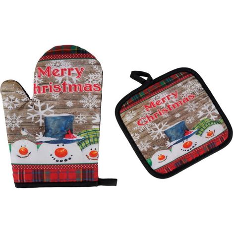 Gants De Cuisson - Tapis De Protection Thermique - Motif De Noël - Polyester - 27 X 14 Cm Et 17,5 X 17,5 Cm - Lot De 1 Gant Et 1 Tapis (1/4)