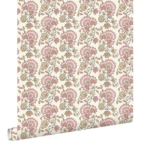 papier peint fleurs vintage rose clair et beige  - ESTAhome