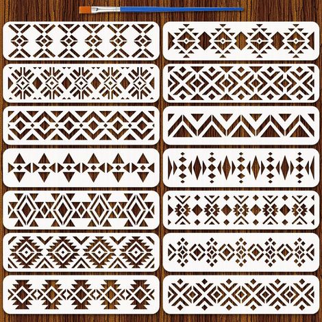 14Pcs Pochoir Décoratif Aztèque Avec Pinceau de 300x75mm 14 Styles de Pochoirs de Peinture à Motifs Aztèques Motifs Losanges en Pet pour Peindre sur Parquet Carrelage Mural (1/5)