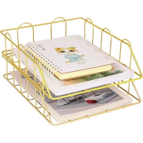 2 Pièces Corbeille à courrier empilable en métal maille dorée pour bureau et maison A4 (1/5)