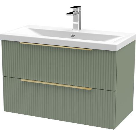 Fluted Front Wall Hung 2-Drawer Bathroom Vanity Unit with 1 Tap Hole Basin, 800mm, Satin Green, Brushed Brass Handles