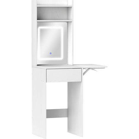GagaCoiffeuse compacte avec miroir et eclairage LED plateau rabattable et tiroir MDF Blanc (1/5)