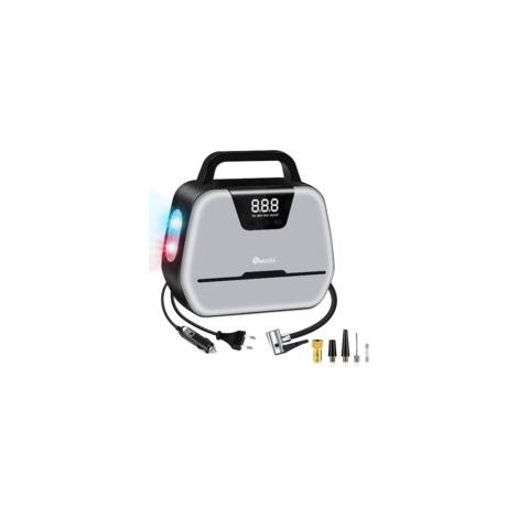 Gonfleur Pneus Voiture  12V 150PSI AC DC Double Alimentation, Mini Compresseur à Air Numérique pour Vélo Moto Balle, avec Lampe LED, Jeu d’Adaptateur, Buse,  Câbles