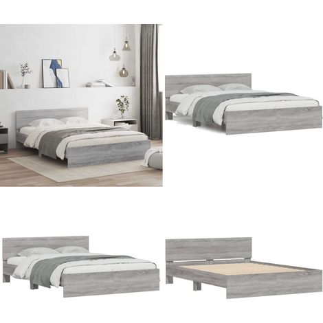 Bettgestell mit Kopfteil Grau Sonoma 150x200 cm - Holzbettfassungen - Bettkopfteile - Doppelbett - Massivholzbette - Bettgestell Grau - Home & Living