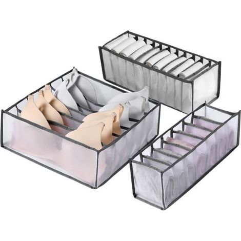Lot de 3 Organisateur tiroir - WANGJIANGDA - Boîtes de rangement pour sous-vêtements - Nylon - Gris (1/4)