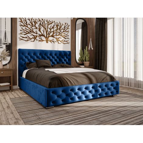 Emporius – Lit double 200x200 avec tiroir – Tissu velouté imperméable – Sommier à lattes – Tête de lit rembourrée – Bleu Monaco (1/4)
