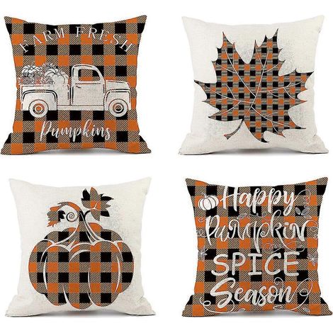 Housses de coussin d'automne, taies d'oreiller pour Thanksgiving, housses de coussin à motifs de feuilles de citrouille d'automne, taies d'oreiller rustiques en lin pour les fêtes, coussins décoratifs (1/5)