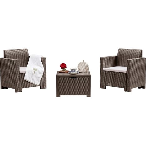 Dmora - Loungeset für draußen Apis, Outdoor-Lounge mit Couchtisch, Terrassenset mit Kissen, Gartenkomposition mit Sofa und Sesseln, Made in Italy, Taube
