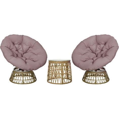 Ensemble salon de jardin 3 pièces avec 2 fauteuils papasan pivotant et 1 tables basse ronde polyester résine tressée (1/5)