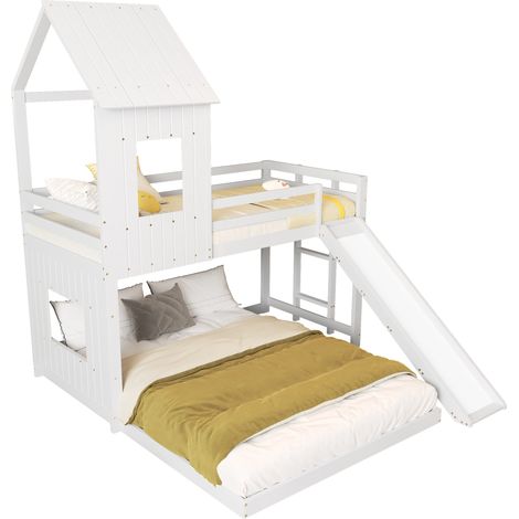 Letto a castello in legno bianco con scivolo e tetto, 90x200 cm + 140x200 cm (1/5)