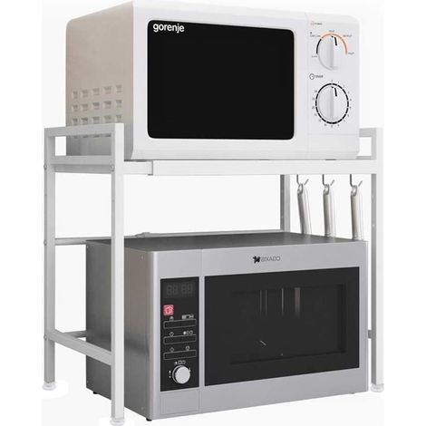 1 - Support Four Micro-Ondes - Étagère Cuisine Extensible - Réglable En Hauteur Et Largeur - Avec 3 Crochets Pour Ustensiles - Noir - 40x64x45x36,5cm