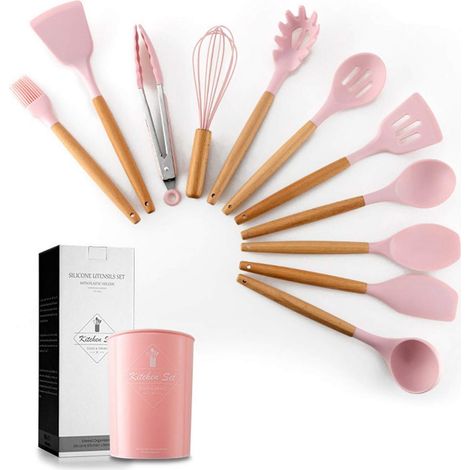 Ensemble de 11 ustensiles de cuisine en silicone avec support et manches en bois couleur rose (1/5)