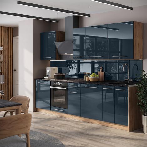 Mueble de cocina Fame-Line, Azul oscuro alto brillo/Roble dorado, 280 cm, ET Antracita, Vicco (1/5)