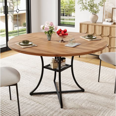 Mesa de comedor redonda 100x100x75 cm, con estante integrado, patas de metal en X, MDF efecto nogal, negro (1/5)