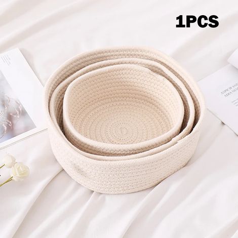 Panier de rangement tressé en corde de coton, forme elliptique, idéal pour la maison et le bureau, petits objets. Disponible en 3 tailles, lavable en machine, couleur beige. (1/5)