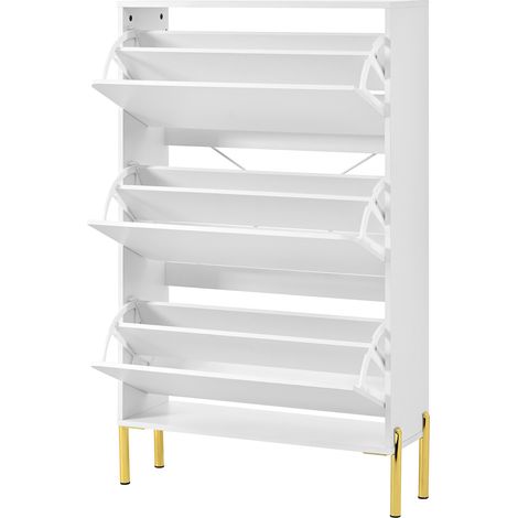 Armoire à chaussures blanche à 3 portes, pieds dorés, style minimaliste et moderne