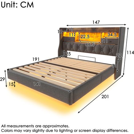 Lit suspendu capitonné 140x190 cm avec LED, tête de lit rangement, station charge USB-C, sommier lattes, lin gris