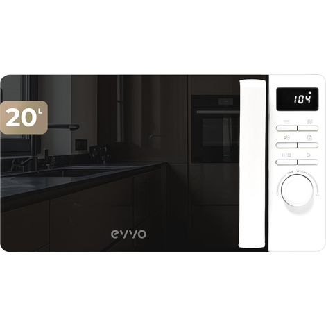 EVVO Microondas M20 White, 20L de Capacidad, Grill 800W, Puerta Efecto Espejo, Multifunción, Función Descongelar, Temporizador 60 Minutos,Display Digital (Acabado Blanco)