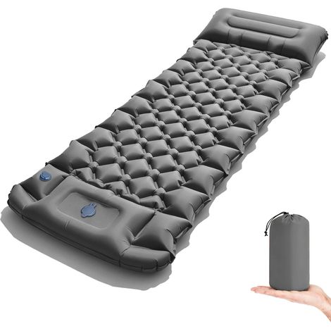 (Gris) Matelas de camping gonflable épais, résistant à l'humidité, pompe à pied intégrée, oreiller inclus. (1/5)
