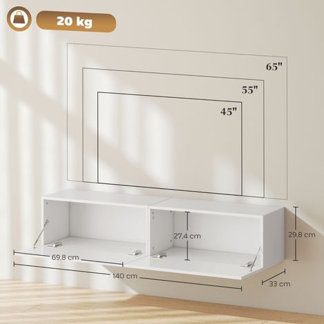 Meuble TV mural pour téléviseurs jusqu'à 65 pouces, 140 cm, console suspendue avec rangement, buffet TV blanc pour salon, étagère télé basse. (1/5)