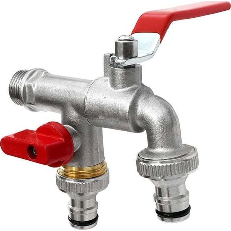 Robinet double haut de gamme 1/2 pouce (15/21) en laiton, résistant à la rouille et au gel + 2 raccords de tuyau gratuits + e-book. Idéal pour le jardin, la machine à laver ou la récupération d'eau de (1/4)