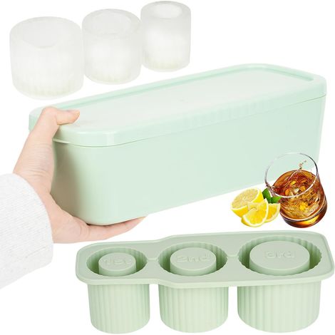 Cubiteras reutilizables sin BPA para vasos, juego de 3 con tapa y soporte, 600-1200 ml, aptas para congelador. Ideales para bebidas frías, zumos, whisky y cócteles. Color verde. (1/5)