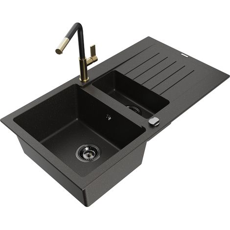 Mexen Matias 1,5-Becken-Granitspüle mit Abtropffläche und Mischbatterie Flora, Schwarz/Gold - 6502-7
