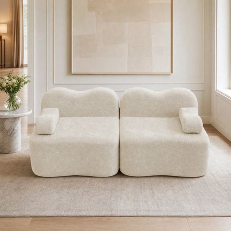 Sofá modular de 2 plazas sin estructura, forma ondulada, terciopelo beige, 192 x 98 x 70 cm, OKWISH (1/5)
