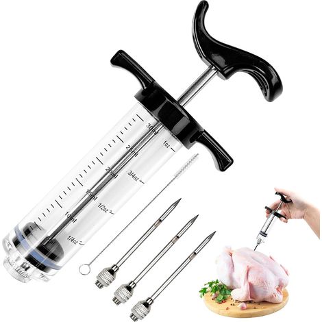 30ml avec 3 Aiguilles Inoxydable et 1 Brosse Seringue Alimentaire de Cuisine, Injecteur de Plastique Noir de Qualité Supérieure pour Dinde Bœuf Poulet Turquie Viande Rôtis Barbecue (1/5)