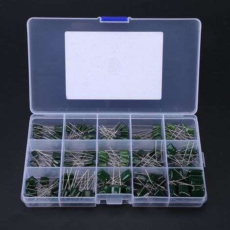Kit de 150 condensateurs à film polyester 100 V, 15 valeurs, 0,33 nF à 470 nF (boîte).