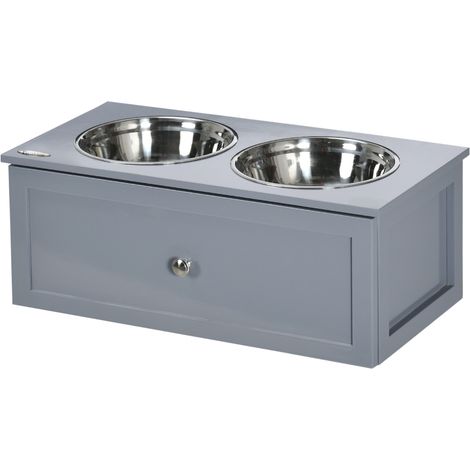 Station d'alimentation, 2 gamelles de 2 litres chacune, en acier inoxydable, avec tiroir, pour chiens moyens, gris, 60 x 30 x 24 cm